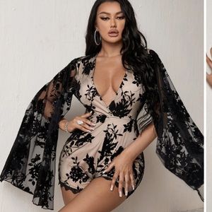 New Velvet Detail Floral Mesh Romper with Cloak Sleeves and Open Back